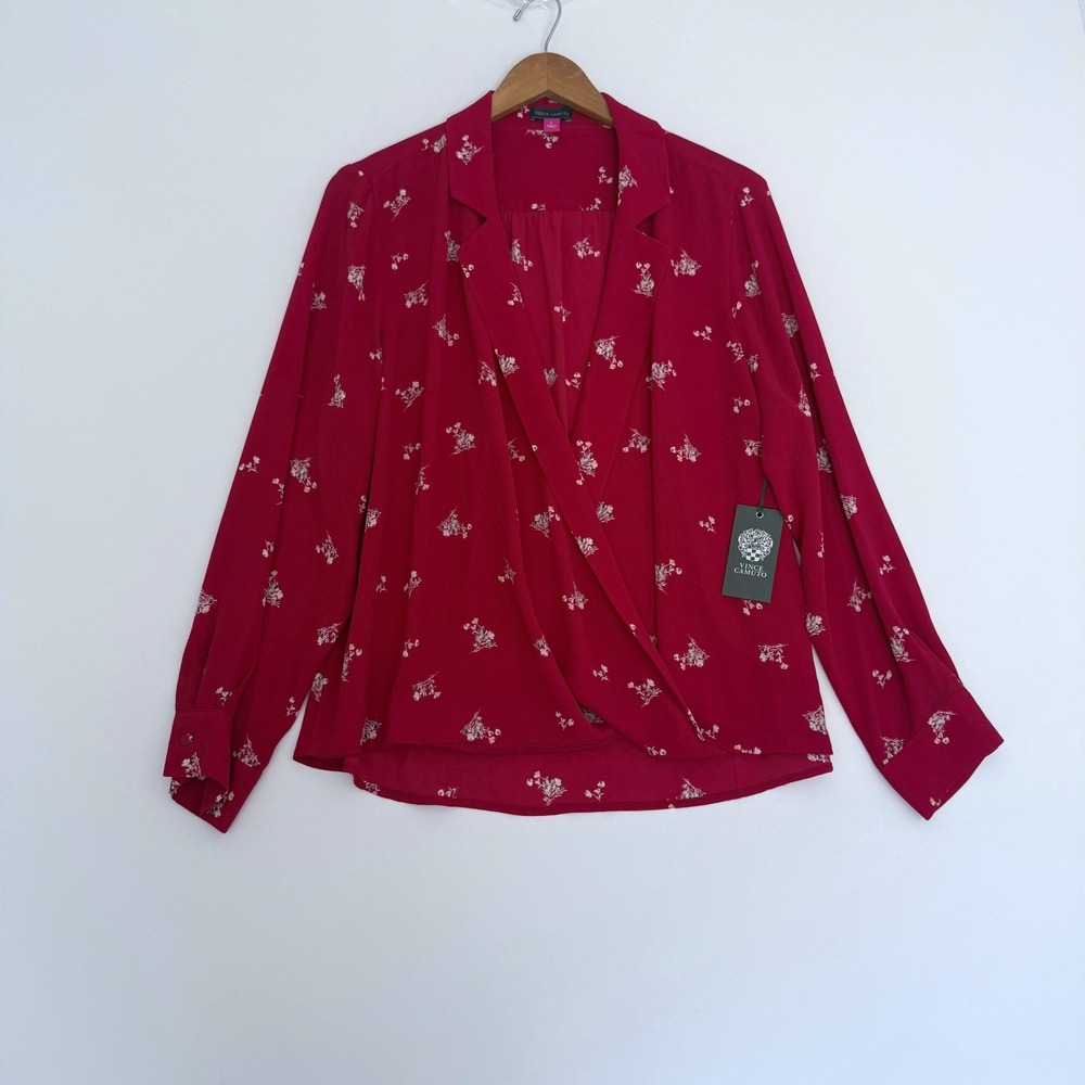 Vince Camuto Surplice Blouse Womens L Red Floral Long Sleeve V-Neck Top